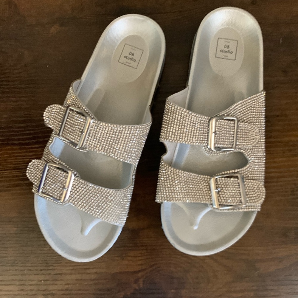 David’s Bridal Two strap Crystal footbed slide sandals